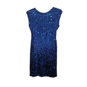 Vintage 80s Blue Sequin Sleeveless Scoop Back Cocktail Party Dress Size L